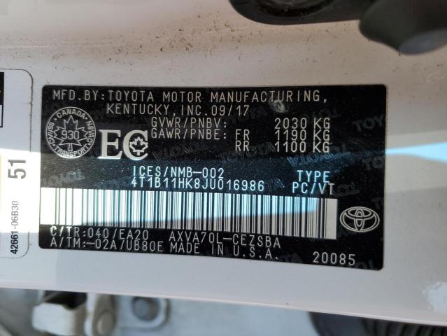 4T1B11HK8JU016986 - 2018 TOYOTA CAMRY L WHITE photo 12