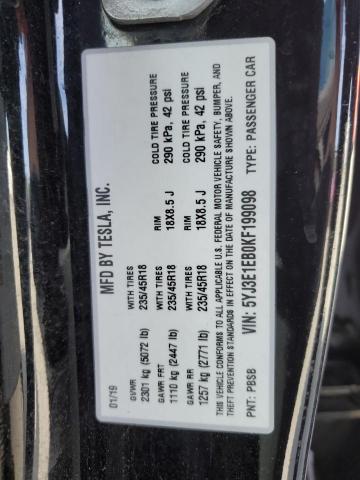 5YJ3E1EB0KF199098 - 2019 TESLA MODEL 3 შავი ფოტო 12