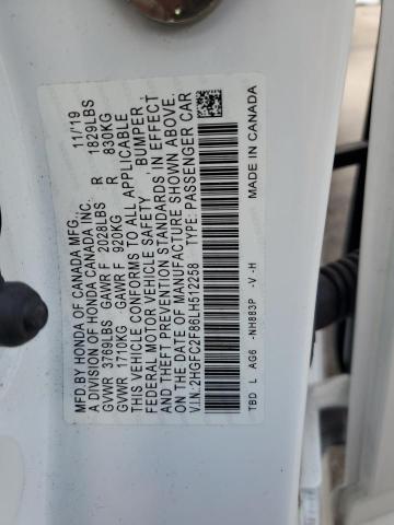 2HGFC2F86LH512258 - 2020 HONDA CIVIC SPORT თეთრი ფოტო 12