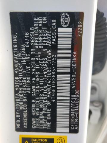 4T4BF1FK3GR571752 - 2016 TOYOTA CAMRY LE WHITE photo 12