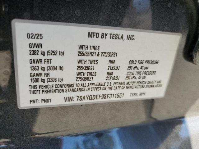 7SAYGDEF9SF311551 - 2025 TESLA MODEL Y GRAY photo 13