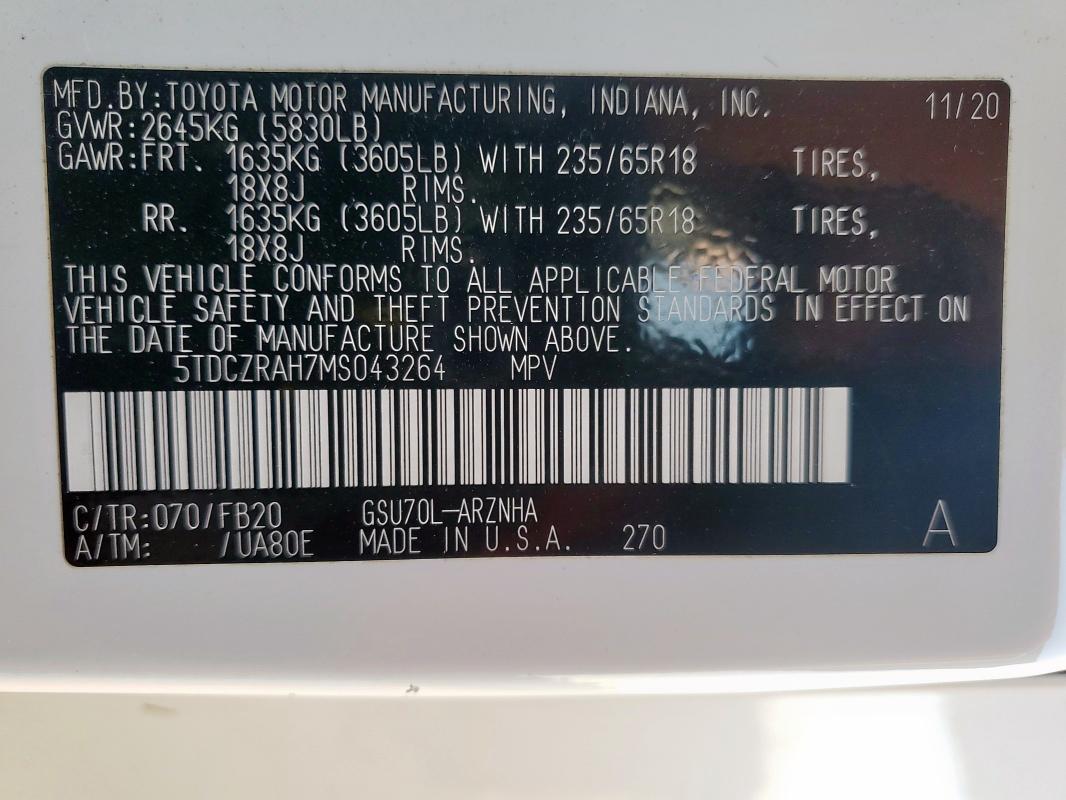 5TDCZRAH7MS043264 - 2021 TOYOTA HIGHLANDER L 白色 照片 13