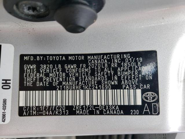 2T1BURHE1KC241690 - 2019 TOYOTA COROLLA L 银色 照片 12