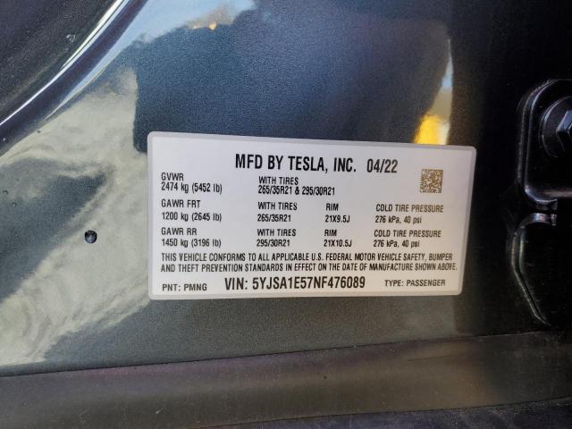 5YJSA1E57NF476089 - 2022 TESLA MODEL S Մոխրագույն լուսանկար 12