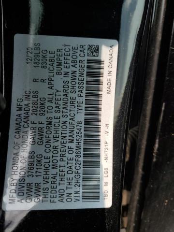 2HGFC2F86MH525478 - 2021 HONDA CIVIC SPORT BLACK photo 12