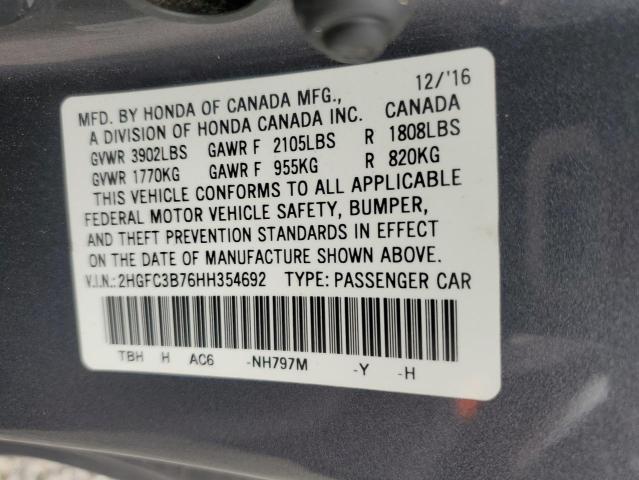 2HGFC3B76HH354692 - 2017 HONDA CIVIC EXL SILVER photo 12