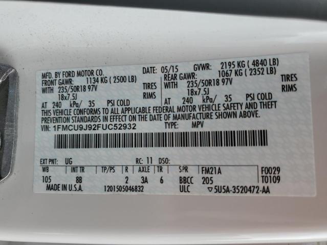 1FMCU9J92FUC52932 - 2015 FORD ESCAPE TITANIUM WHITE photo 13