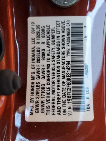 19XFC2F60KE214294 - 2019 HONDA CIVIC LX ORANGE photo 13