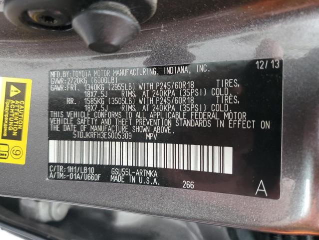 5TDJKRFH3ES005309 - 2014 TOYOTA HIGHLANDER XLE GRAY photo 13