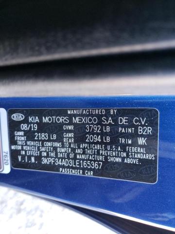 3KPF34AD3LE165367 - 2020 KIA FORTE GT LINE BLUE photo 10