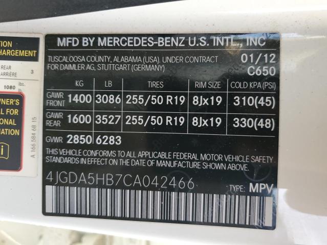4JGDA5HB7CA042466 - 2012 MERCEDES-BENZ ML 350 4MATIC WHITE photo 13