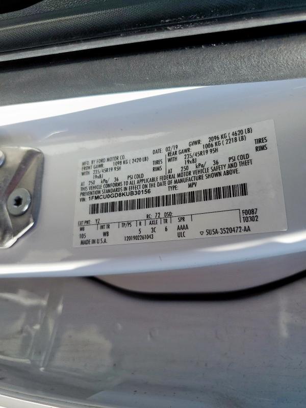 1FMCU0GD8KUB30156 - 2019 FORD ESCAPE SE 白色 照片 12