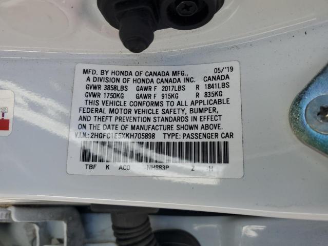 2HGFC1E5XKH705898 - 2019 HONDA CIVIC SI თეთრი ფოტო 12
