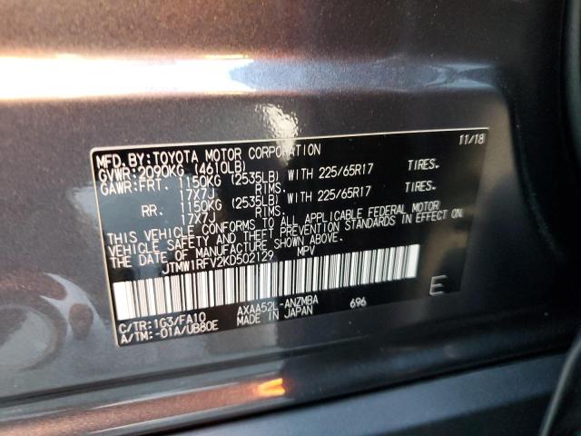 JTMW1RFV2KD502129 - 2019 TOYOTA RAV4 XLE Մոխրագույն լուսանկար 12