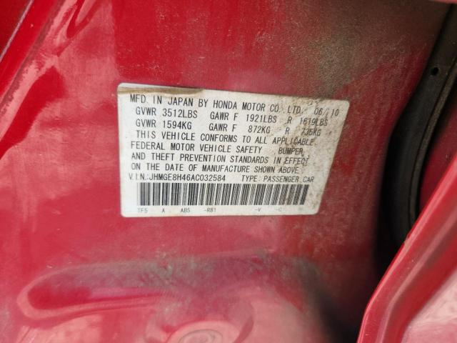 JHMGE8H46AC032584 - 2010 HONDA FIT SPORT RED photo 13