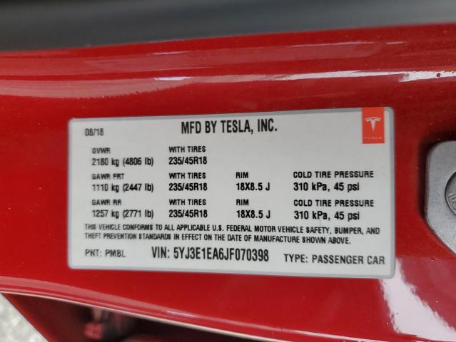 5YJ3E1EA6JF070398 - 2018 TESLA MODEL 3 შავი ფოტო 12