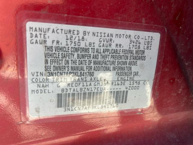 3N1CN7AP3KL841760 - 2019 NISSAN VERSA S წითელი ფოტო 10