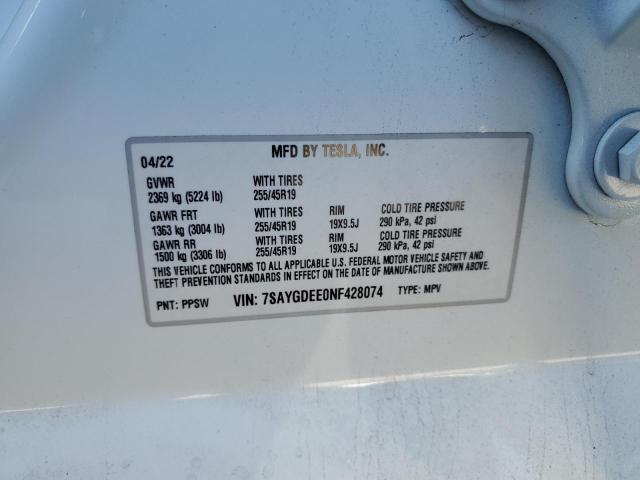 7SAYGDEE0NF428074 - 2022 TESLA MODEL Y თეთრი ფოტო 13