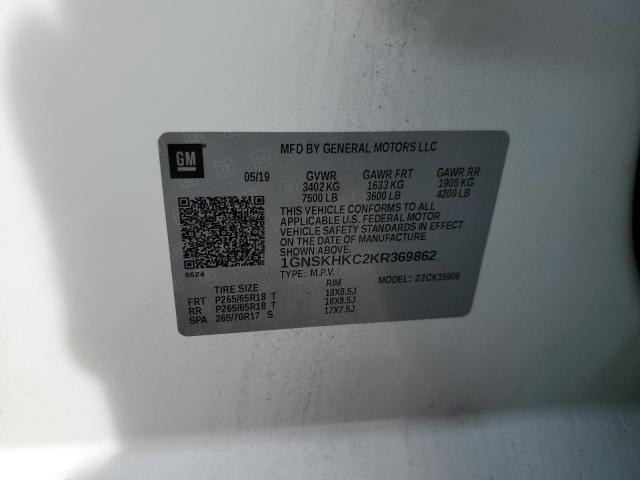 1GNSKHKC2KR369862 - 2019 CHEVROLET SUBURBAN K1500 LT WHITE photo 13