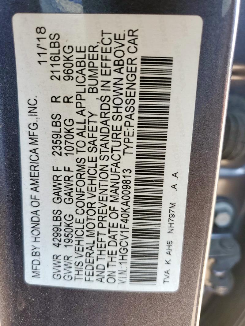 1HGCV1F40KA009813 - 2019 HONDA ACCORD EX GRAY photo 13