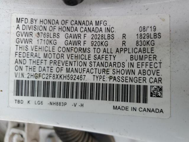 2HGFC2F8XKH592467 - 2019 HONDA CIVIC SPORT 白色 照片 12