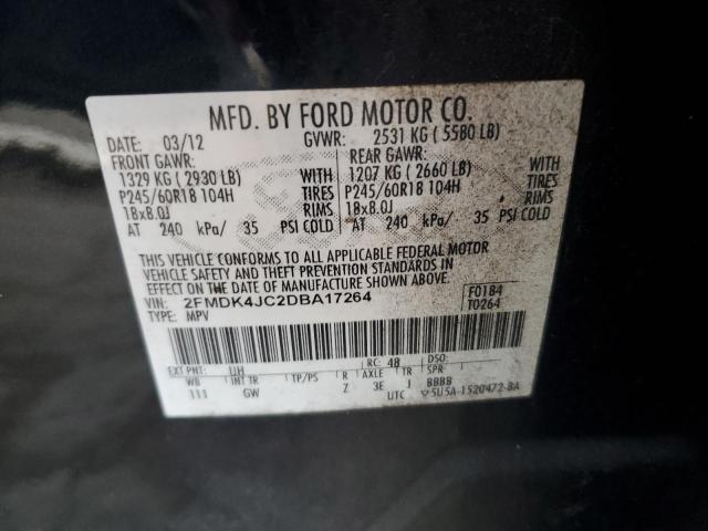 2FMDK4JC2DBA17264 - 2013 FORD EDGE SEL BLACK photo 12