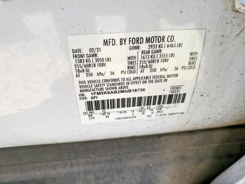 1FM5K8AB2MGB18736 - 2021 FORD EXPLORER POLICE INTERCEPTOR Ақ фото 12