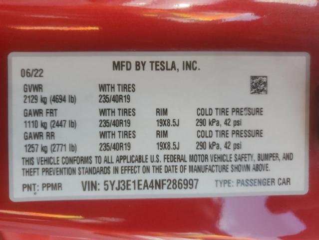 5YJ3E1EA4NF286997 - 2022 TESLA MODEL 3 Qırmızı foto 13