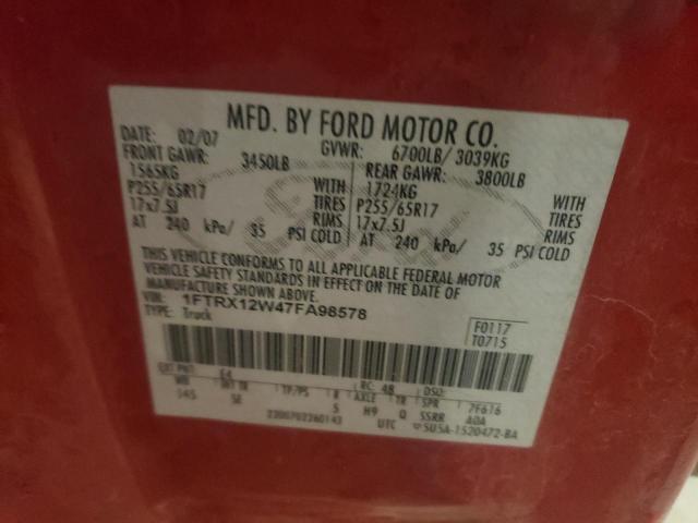 1FTRX12W47FA98578 - 2007 FORD F150 RED photo 12