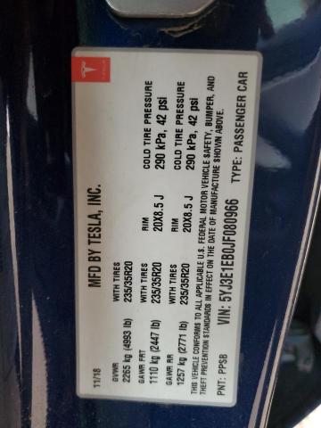 5YJ3E1EB0JF080966 - 2018 TESLA MODEL 3 Синий фото 12