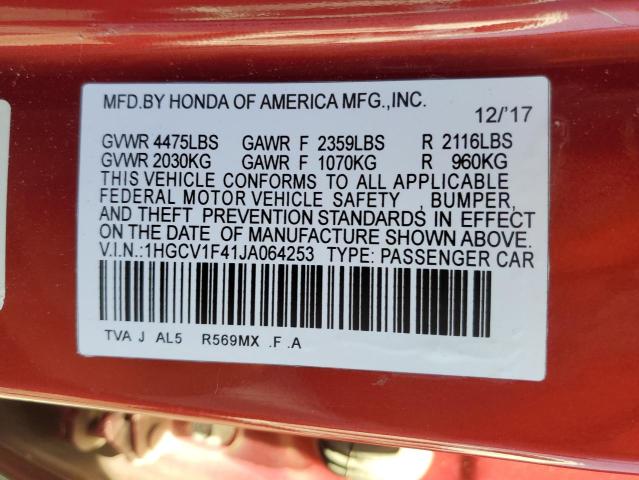 1HGCV1F41JA064253 - 2018 HOND ACCORD EX წითელი ფოტო 12