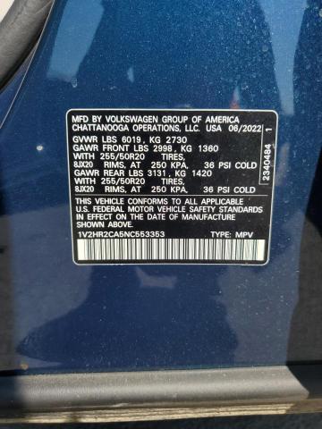 1V2HR2CA5NC553353 - 2022 VOLKSWAGEN ATLAS SE Blau Foto 13
