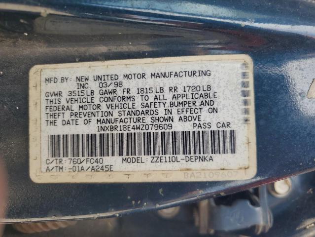 1NXBR18E4WZ079609 - 1998 TOYOTA COROLLA VE TEAL photo 12