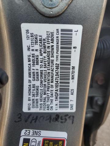 1HGFA16547L047462 - 2007 HONDA CIVIC LX GRAY photo 12
