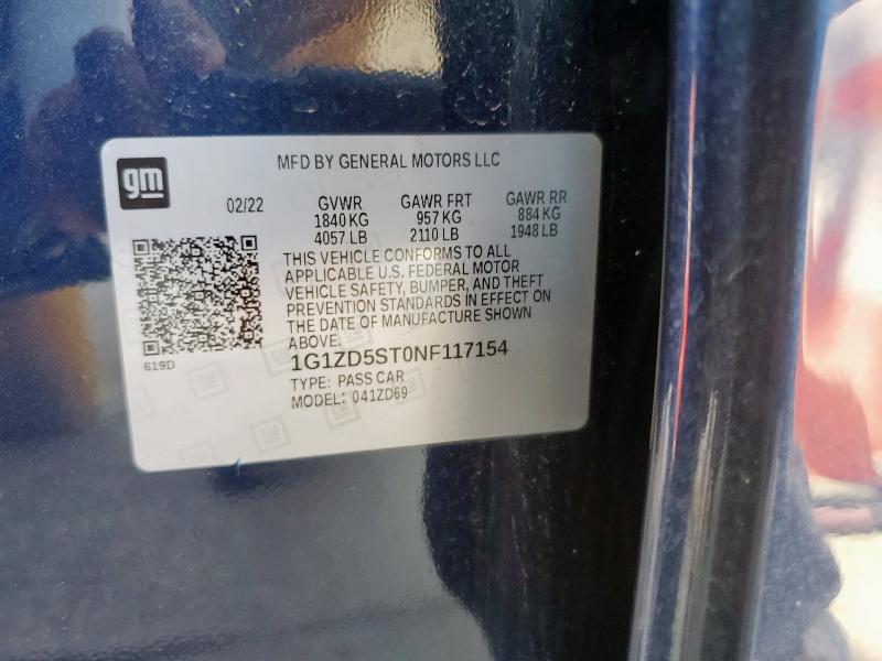 1G1ZD5ST0NF117154 - 2022 CHEVROLET MALIBU LT BLUE photo 12