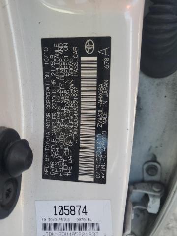 JTDKN3DU4A5221937 - 2010 TOYOTA PRIUS WHITE photo 12