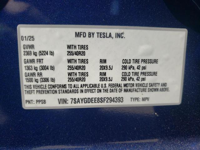 7SAYGDEE8SF294393 - 2025 TESLA MODEL Y BLUE photo 12
