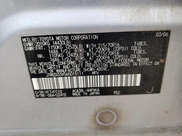 JTMZD33V565015111 - 2006 TOYOTA RAV4 SILVER photo 13