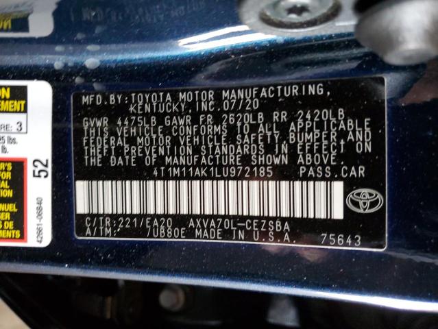 4T1M11AK1LU972185 - 2020 TOYOTA CAMRY SE BLUE photo 12