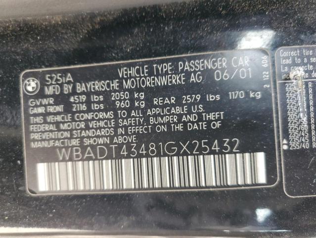 WBADT43481GX25432 - 2001 BMW 525 I AUTOMATIC BLACK photo 12