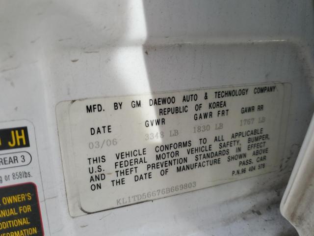 KL1TD56676B669803 - 2006 CHEVROLET AVEO BASE WHITE photo 13