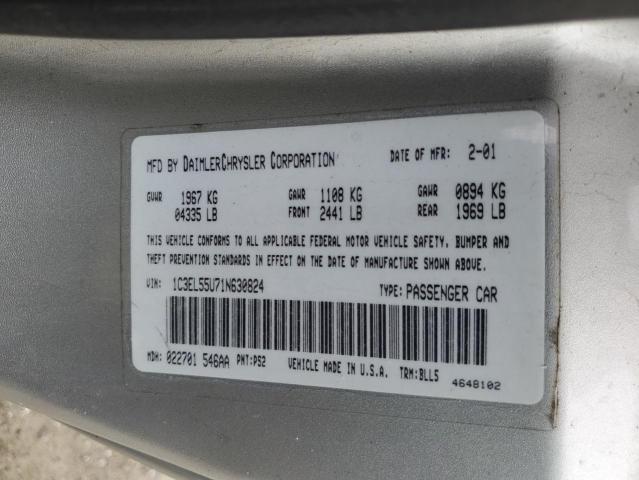 1C3EL55U71N630824 - 2001 CHRYSLER SEBRING LXI SILVER photo 12