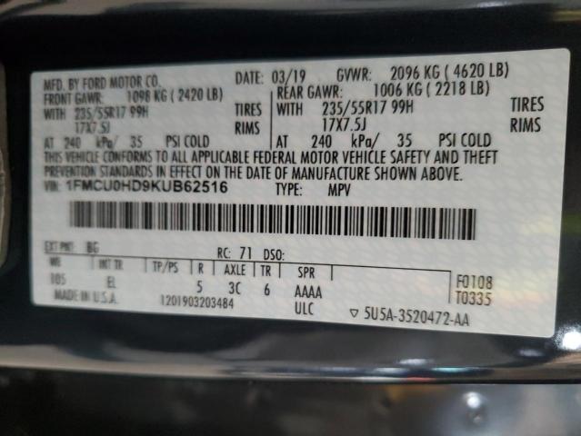 1FMCU0HD9KUB62516 - 2019 FORD ESCAPE SEL ლურჯი ფოტო 12