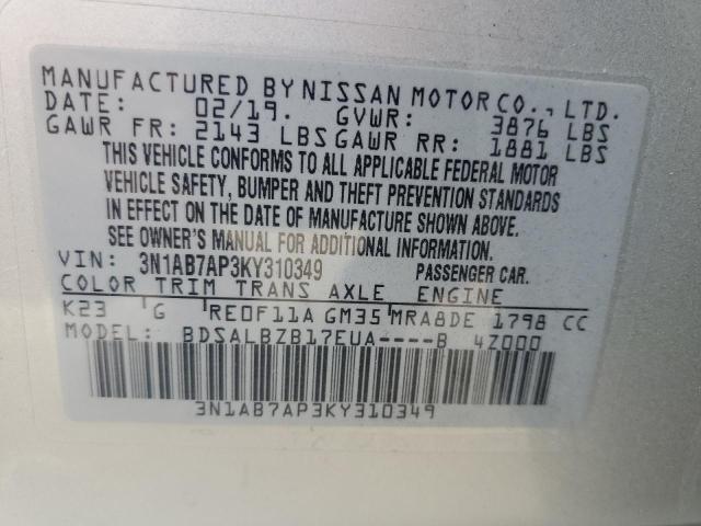 3N1AB7AP3KY310349 - 2019 NISSAN SENTRA S SILVER photo 12