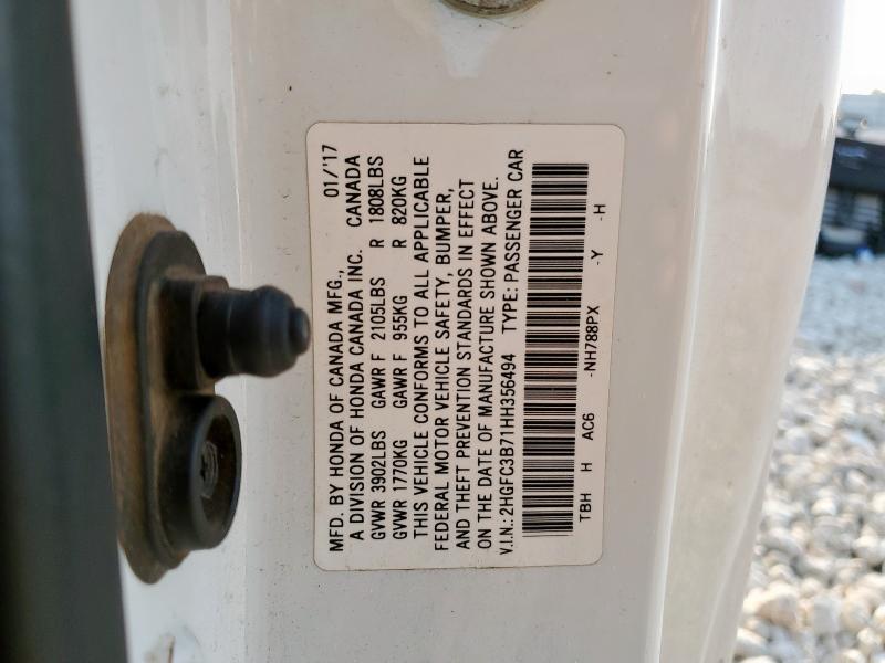 2HGFC3B71HH356494 - 2017 HONDA CIVIC EXL WHITE photo 12