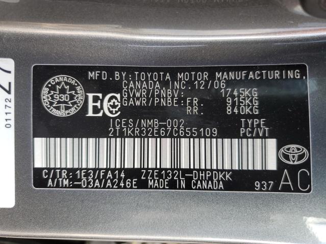 2T1KR32E67C655109 - 2007 TOYOTA COROLLA MA XR GRAY photo 12