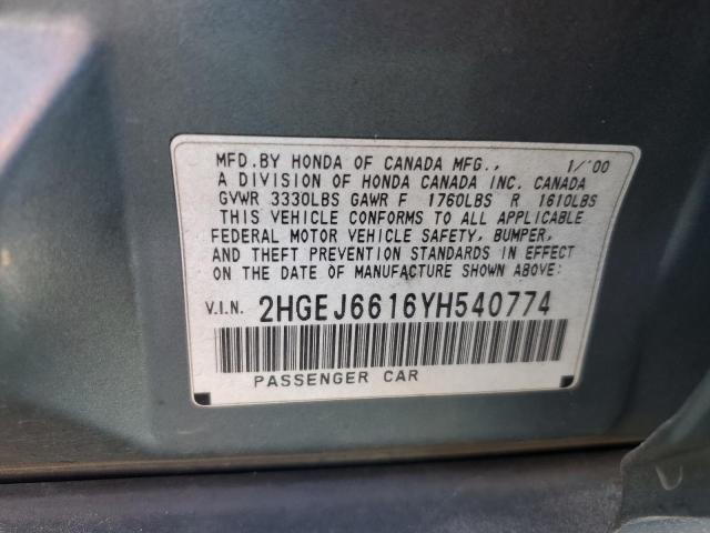 2HGEJ6616YH540774 - 2000 HONDA CIVIC BASE TURQUOISE photo 13