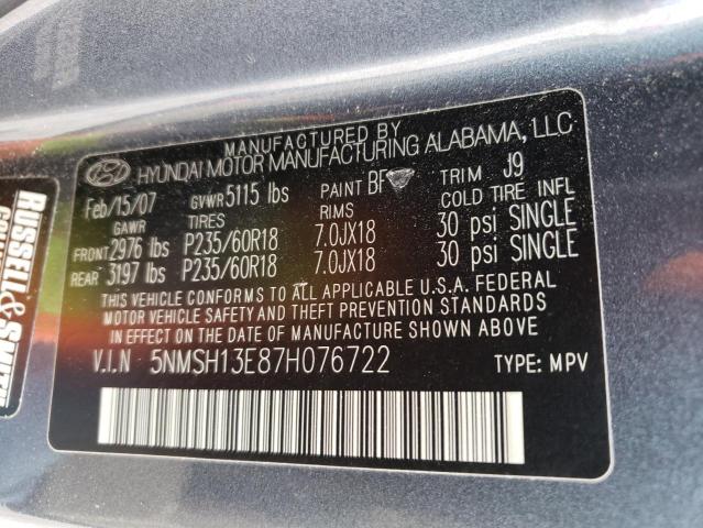 5NMSH13E87H076722 - 2007 HYUNDAI SANTA FE SE BLUE photo 12