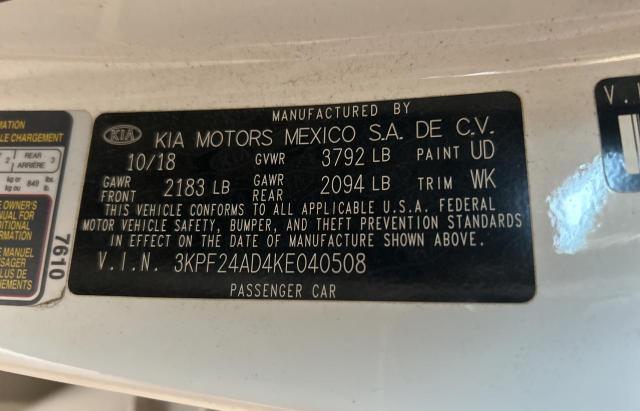 3KPF24AD4KE040508 - 2019 KIA FORTE FE Ақ фото 10