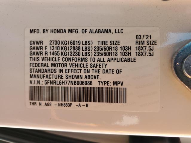 5FNRL6H77NB006986 - 2022 HONDA ODYSSEY EXL WHITE photo 13